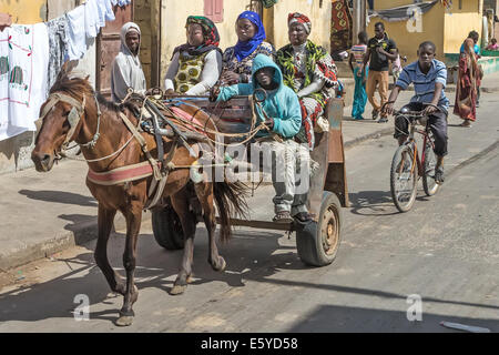 Pferd und Wagen, Langue de Barbarie, St. Louis, Senegal Stockfoto