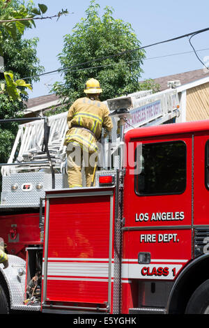 LAFD LKW 60 bei einem Wohnungsbrand in North Hollywood, Kalifornien. Stockfoto