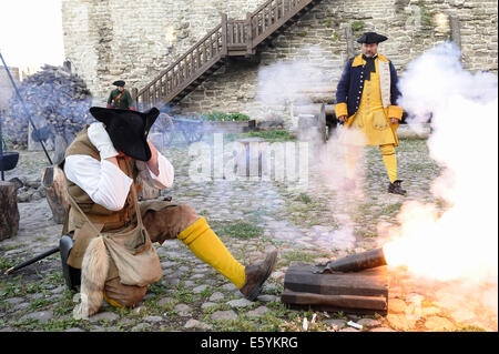 Narva, Estland. 8. August 2014. Darsteller aus Estland, Schweden, Finnland, Russland und der Ukraine teilnehmen an die Nachstellung der Schlacht von Narva in Narva, Estland, 8. August 2014. Die Schlacht von Narva fand im Jahre 1704 zwischen Armeen von Charles XII von Schweden und Peter der große von Russland. © Sergei Stepanov/Xinhua/Alamy Live-Nachrichten Stockfoto