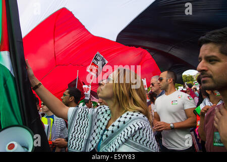 London, UK. 9. August 2014.  Demonstranten hören reden unter einer riesigen palästinensische Flagge Zehntausende eine Kundgebung zur Unterstützung des palästinensischen Volkes zu besuchen. Bildnachweis: Paul Davey/Alamy Live-Nachrichten Stockfoto