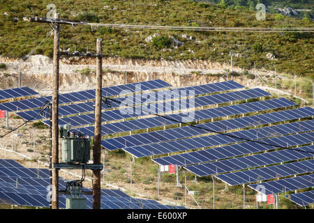 Zakynthos, Griechenland - Solarenergie-Photovoltaik-Panel "Bauernhof" in zentralen Zante mitten in Olivenhainen. Stockfoto