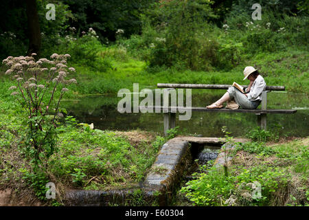 Eine interessante Lektüre. Reife Frau, ein Buch zu lesen, sitzend auf einer Bank an einem See in Hestercombe Gärten. Stockfoto