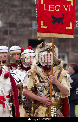 Bewaffnete Soldaten des Antonine Guard, Re-enactment Legionär, Caerlaverock Castle, Uniformierten römische Hauptmann gladiator auf militärische Ereignis, Schottland Stockfoto