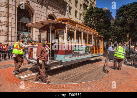 San Francisco Cable Car eingeschaltet wird Drehscheibe im Powell Street, bereit für die hin-und Rückfahrt, wie Touristen aussehen auf. Stockfoto