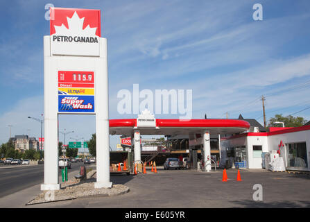 Tankstelle entlang des Trans-Canada Highway (16. Avenue) in Calgary, Kanada, zeigt den Preis für Gas pro Liter im Jahr 2014. Stockfoto