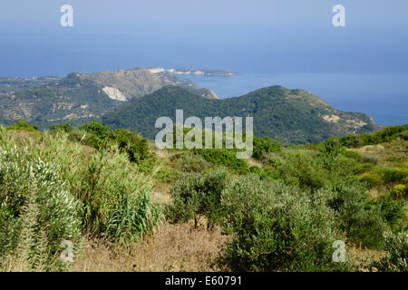 Zakynthos, Griechenland - Blick vom Gipfel des Mt Skopos auf der Halbinsel Vassilikos. Blick nach Osten in Richtung Gerakara. Stockfoto