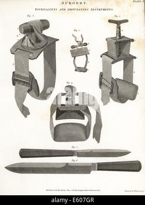 Chirurgische Geräte, Venenstauer, Amputation Instrumente, 19. Jahrhundert. Stockfoto