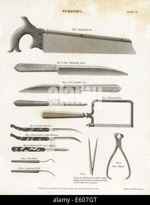 Chirurgische Geräte einschließlich amputieren, Sägen, Messer, Catling, Operationsmesser. Stockfoto