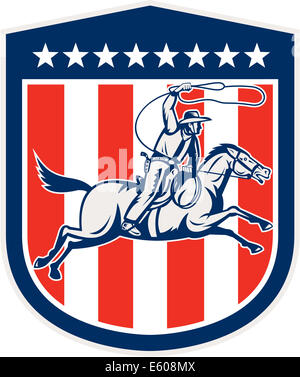 Illustration einer amerikanischen Rodeo Cowboy auf Pferd mit Lasso Seil im Inneren Schild Wappen mit Sternen und Streifen im retro-Stil gemacht. Stockfoto