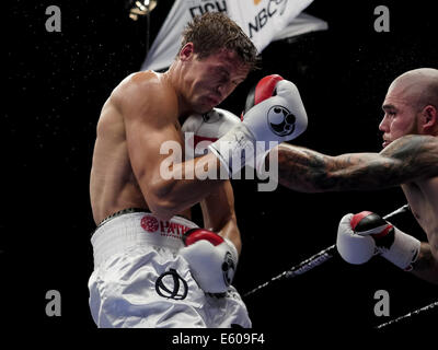 Bethlehem, Pennsylvania, USA. 9. August 2014. ROBERT BERRIDGE (schwarze Stämme) und Wassili LEPIKHIN Schlacht in einem Kampf im Halbschwergewicht im Sands Event Center im Sands Casino in Bethlehem, Pennsylvania. © Joel Plummer/ZUMA Draht/Alamy Live-Nachrichten Stockfoto