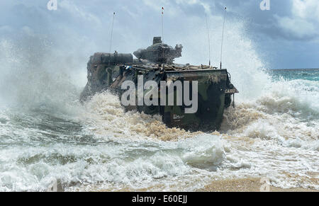 Ein US Marine Corps Angriff amphibische Fahrzeug startet von einem Strand während der Rand der pazifischen Übungen 9. Juli 2014 in Kaneohe, Hawaii. Stockfoto