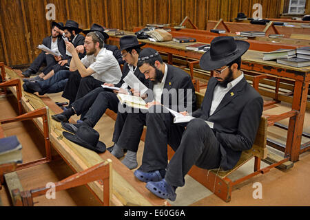 Junge religiöse jüdische Männer beten während Tisha B'Av Dienste in einer Synagoge in Brooklyn, New York, USA Stockfoto