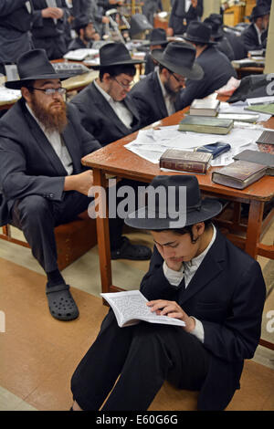 Junge religiöse jüdische Männer beten während Tisha B'Av Dienste in einer Synagoge in Brooklyn, New York, USA Stockfoto