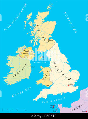 Britischen Inseln Landkarte - Karte der britischen Inseln mit Kapitellen, Ländergrenzen, Flüssen und Seen. Abbildung mit englischer Beschriftung. Stockfoto