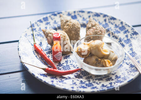 Platte des britischen Wellhornschnecken mit pikanter sauce Stockfoto