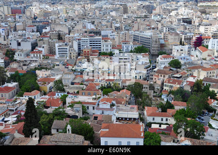 Die traditionelle Plaka Viertel und Blick auf die Innenstadt von Athen, Griechenland. Stockfoto