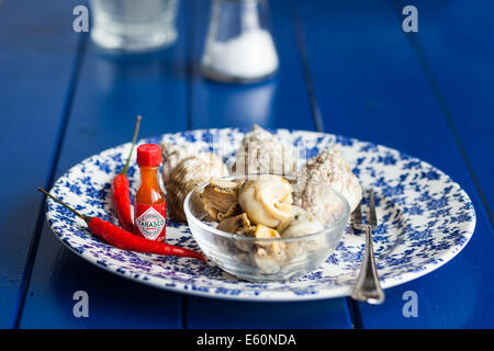 Platte des britischen Wellhornschnecken mit pikanter sauce Stockfoto