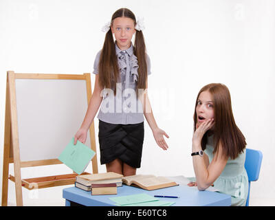 Schüler an der Tafel steht, der Lehrer sitzt an seinem Schreibtisch und hört auf den Schüler Stockfoto