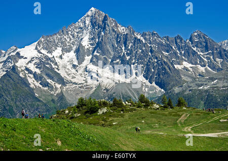 Die Aiguille Verte gesehen von Planpraz auf der gegenüberliegenden Seite des Tales Chamonix in Haute Savoie, Frankreich. Stockfoto