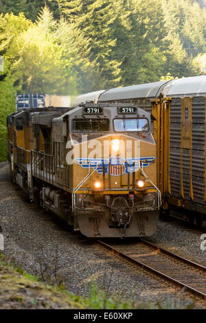 Ein Güterzug von Union Pacific durchläuft der Columbia River Gorge im Sommer. Stockfoto