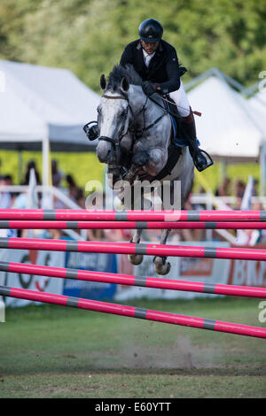 Bratislava, Slowakei. 10. August 2014. Gombos László (HUN) auf Pferd Aladin Hürde bei Mercedes-Benz Grand Prix Bratislava, Slowakei-Credit überspringt: Lubos Paukeje/Alamy Live News Stockfoto