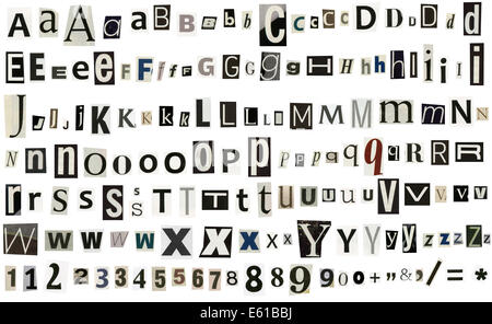 Zeitung, Zeitschrift Alphabet mit Zahlen und Symbolen Stockfoto