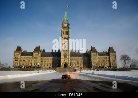 Der Centre Block of Canada House of Parliament (House Of Commons) wie aus der Centennial Flame am Fuße des seinen Spaziergang bis Stockfoto