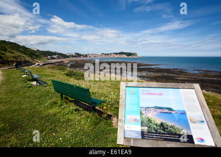 Willkommen Sie bei Scarborough-Info-Tafel und Bänke mit Blick auf South Bay Scarborough North Yorkshire England Stockfoto