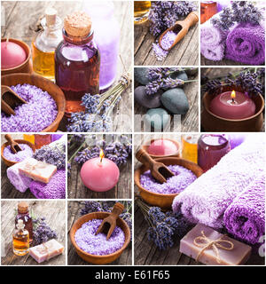 Lavendel Spa - ätherisches Öl, Seasalt, violette Handtücher und handgemachte Seife Stockfoto
