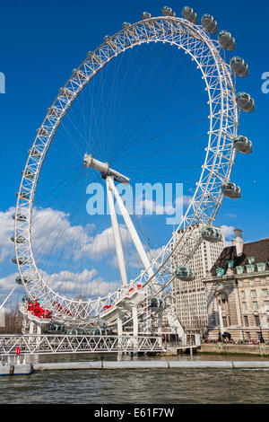 Das London Eye oder Millenium Wheel am Südufer der Themse in London England UK betrachtet aus dem Fluss. JMH6348 Stockfoto