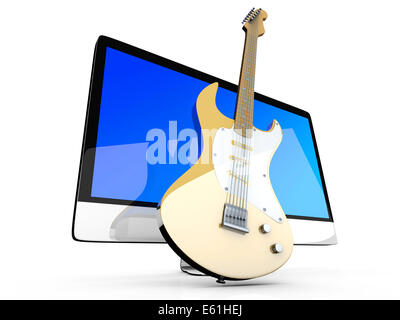 Digitale Gitarre - A alle auf einem Computer mit einer Gitarre. 3D Illustration. Isoliert auf weiss. Stockfoto