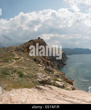 Blick auf Küste mit genuesischen Festung auf Klippe vom Eingang zur Balaklawa Zuleitung in Richtung Kap Aya, Sewastopol. Stockfoto