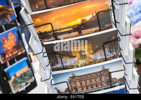 Postkarten-Racks am Blumenmarkt am Île De La Cité in Paris, Frankreich Stockfoto