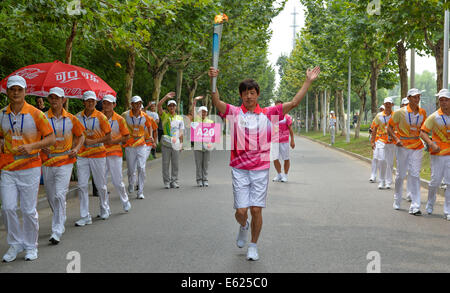 (140812)--NANJING, Aug.12, 2014 (Xinhua)--Fackelträger Guo Ronglian hält die Flamme während der Fackellauf der Nanjing 2014 Youth Olympic Games in Nanjing, der Hauptstadt der ostchinesischen Provinz Jiangsu, auf Aug.12, 2014. Die Nanjing 2014 Youth Olympic Games wird vom 16 August bis 28 statt. (Xinhua/Li Xiang) (Yqq) Stockfoto