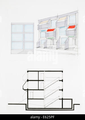 farbige architektonische Entwurf der Fassade des modernen Hauses, von hand gezeichnet Stockfoto