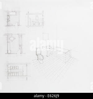 handgezeichnete architektonischen Perspektive einer Wohnung Bad und Blaupause für andere Räume Stockfoto