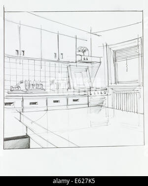 inneren hand gezeichneten Perspektive der Küche Stockfoto