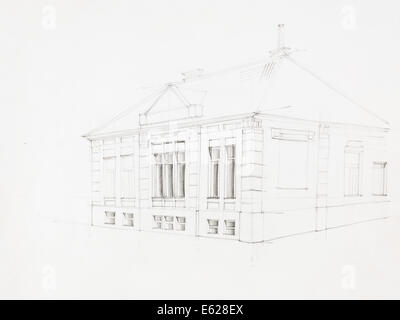 architektonischer Sicht des alten Hauses, von hand gezeichnet Stockfoto
