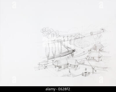 perspektivische Ansicht des Dorfes und Eisenbahn auf Brücke, von hand gezeichnet Stockfoto