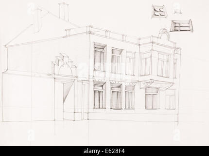 architektonischer Sicht des alten Hauses, von hand gezeichnet Stockfoto