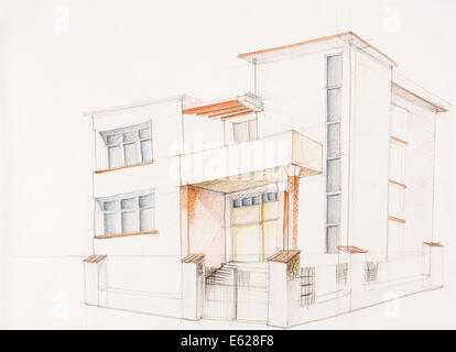 architektonischer Sicht des modernen Hauses, von hand gezeichnet Stockfoto