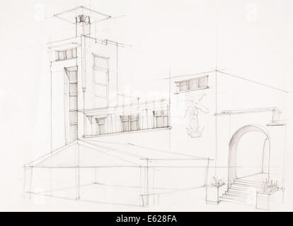 architektonischer Sicht der Ferienimmobilie mit Pavillon vor, von hand gezeichnet Stockfoto