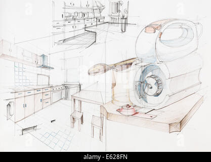 handgezeichnete architektonischen Perspektive einer Wohnung-Küche Stockfoto