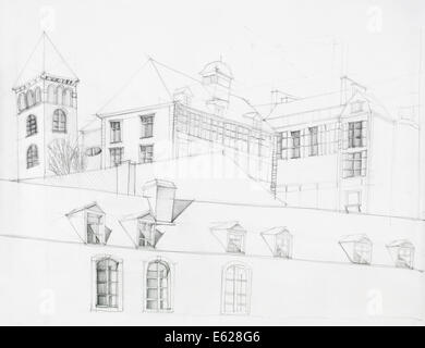 architektonischer Sicht der alten Gebäude, gezeichnet von hand Stockfoto