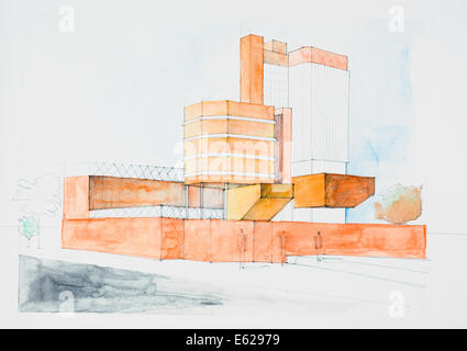 Hand gezeichnet architektonische Skizze des modernen Gebäudes mit Aquarell Färbung Stockfoto