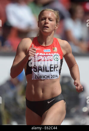 Zürich, Schweiz. 12. August 2014. Verena Sailer Deutschland konkurriert in der Frauen 100 Meter 1. Runde bei den Europäischen Leichtathletik Weltmeisterschaften 2014 im Letzigrund Stadion in Zürich, Schweiz, 12. August 2014. Foto: Bernd Thissen/Dpa/Alamy Live News Stockfoto