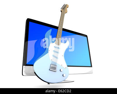 Digitale Gitarre - A alle auf einem Computer mit einer Gitarre. 3D Illustration. Isoliert auf weiss. Stockfoto