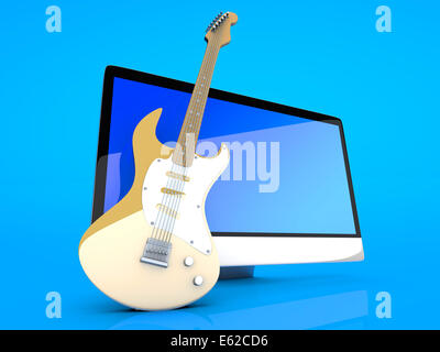 Digitale Gitarre - A alle auf einem Computer mit einer Gitarre. 3D Illustration. Stockfoto