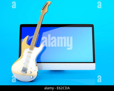 Digitale Gitarre - A alle auf einem Computer mit einer Gitarre. 3D Illustration. Stockfoto