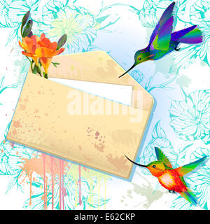 Regenbogen Kolibris mit Grunge Umschlagnachricht auf dem Splash-Hintergrund mit Blumen Stockfoto